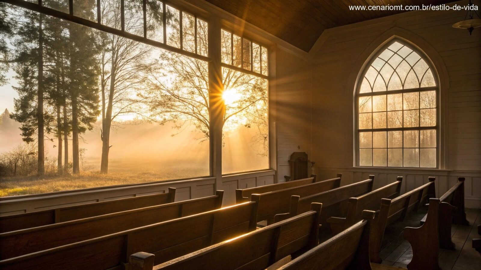 Cena de manhã tranquila com luz do sol entrando pela janela de uma igreja