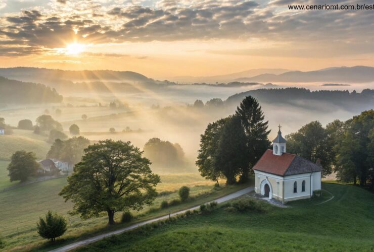 Imagem de uma capela no campo com sol nascendo e atmosfera de fé renovada