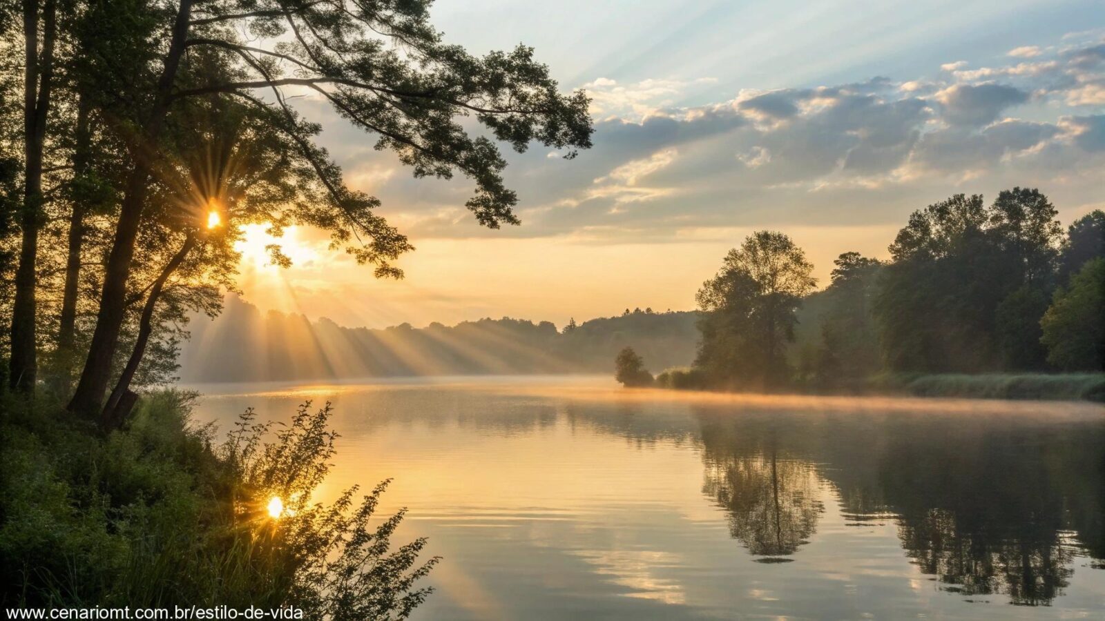 Uma vista tranquila de um nascer do sol sobre um lago calmo, com raios suaves de luz atravessando as árvores, simbolizando novos começos e esperança.
