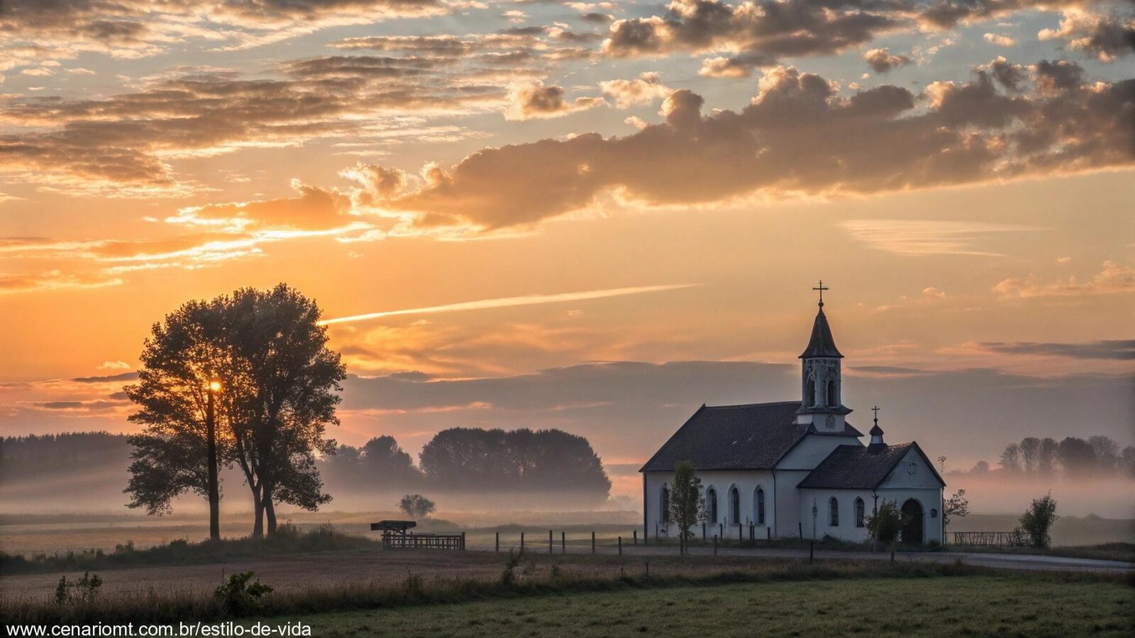 Amanhecer tranquilo sobre uma igreja, com luz suave e nuvens serenas, representando a manhã de sexta-feira para grupos religiosos refletirem e orarem.