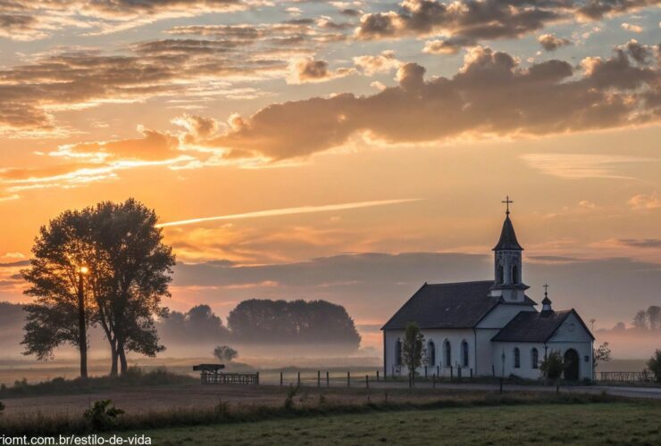 Amanhecer tranquilo sobre uma igreja, com luz suave e nuvens serenas, representando a manhã de sexta-feira para grupos religiosos refletirem e orarem.