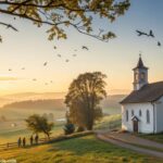 Imagem de uma igreja no campo ao amanhecer com pessoas orando em paz