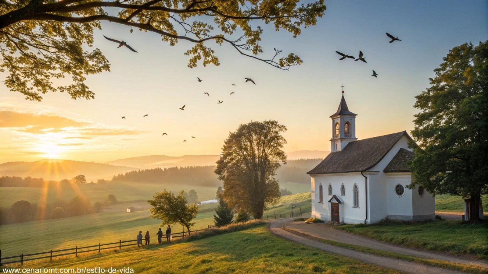 Imagem de uma igreja no campo ao amanhecer com pessoas orando em paz