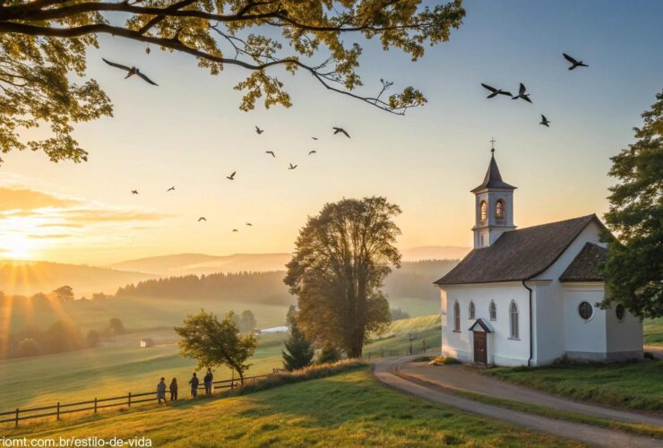 Imagem de uma igreja no campo ao amanhecer com pessoas orando em paz