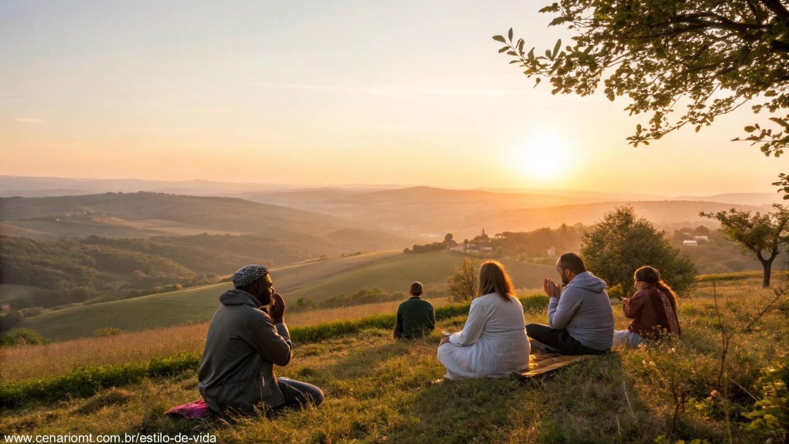 Imagem de um nascer do sol tranquilo com um grupo religioso orando na natureza