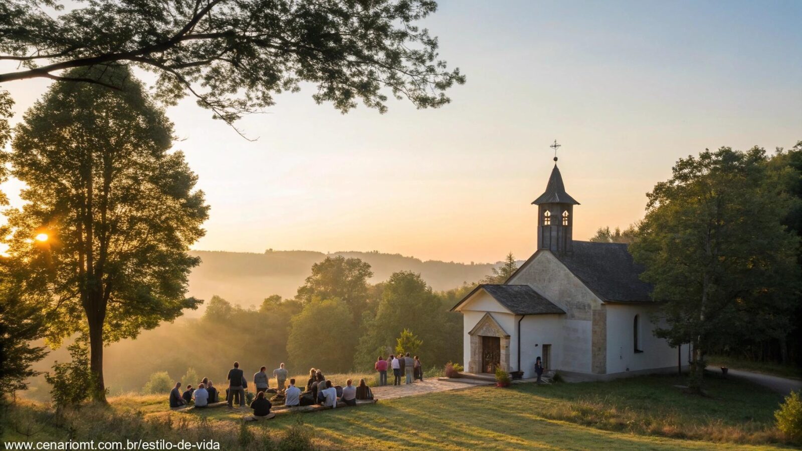 Imagem de um nascer do sol tranquilo com uma capela no campo e pessoas em oração