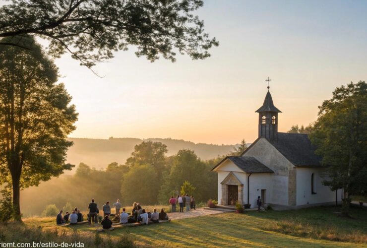 Imagem de um nascer do sol tranquilo com uma capela no campo e pessoas em oração