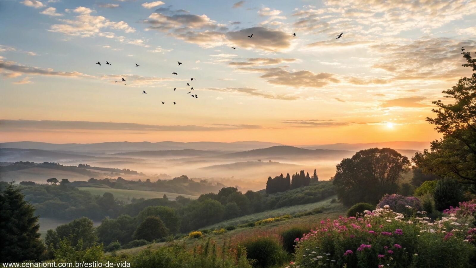 Cenário sereno e pacífico de uma manhã com o nascer do sol sobre uma paisagem tranquila, luz suave iluminando o horizonte e nuvens suaves no céu.