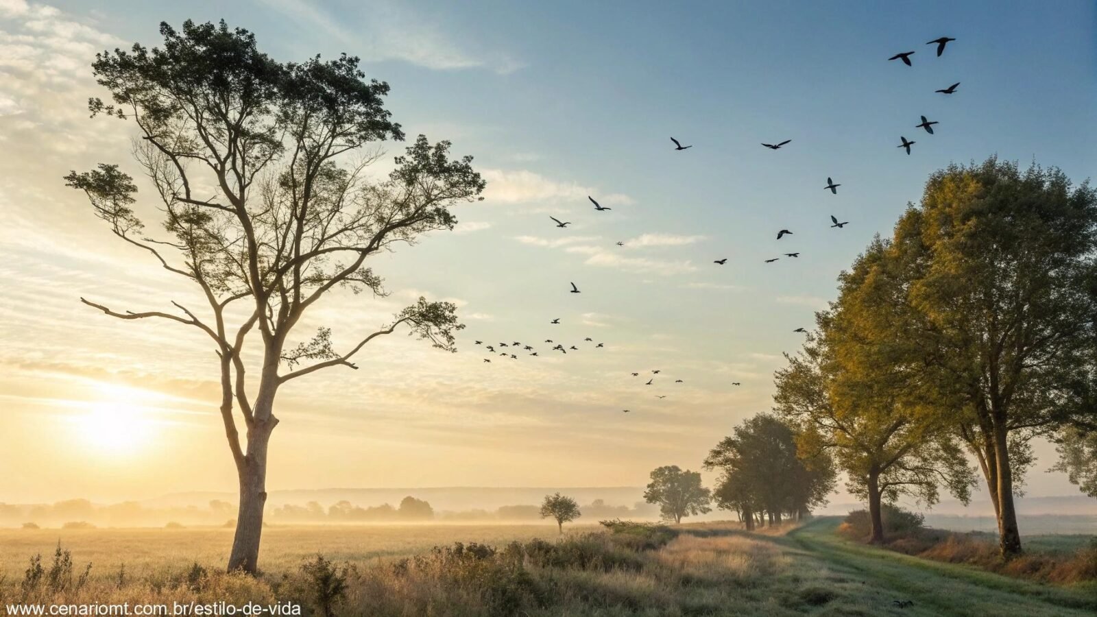 Paisagem tranquila com luz suave de manhã, simbolizando um novo começo para grupos religiosos.