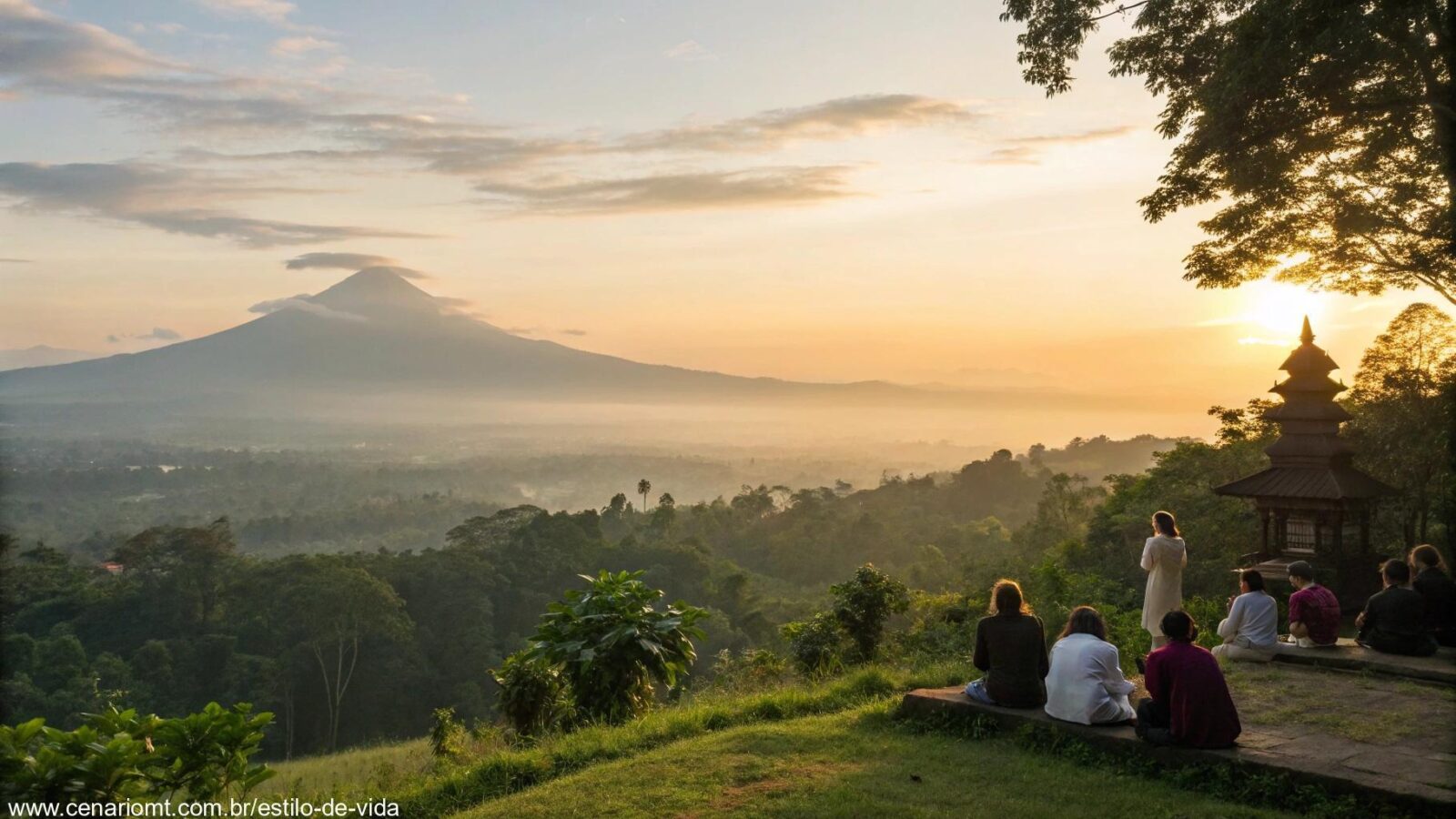 Uma manhã tranquila com pessoas orando ao amanhecer em meio à natureza.