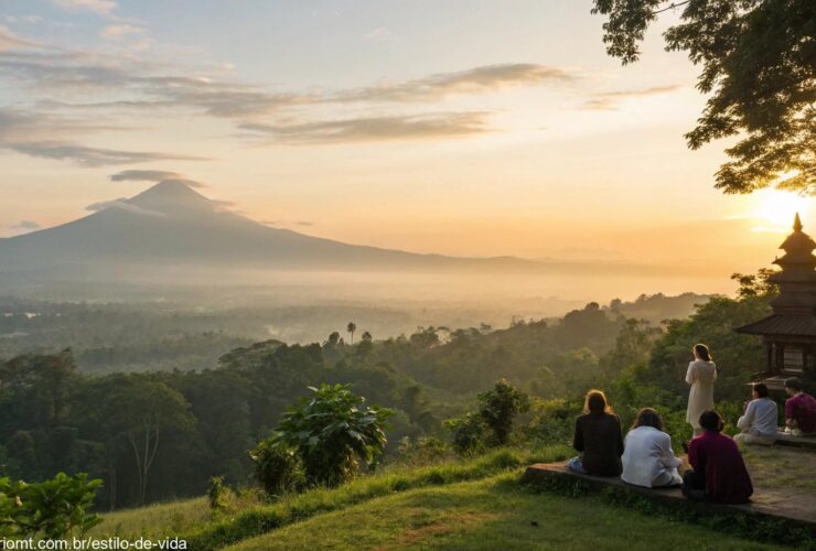 Uma manhã tranquila com pessoas orando ao amanhecer em meio à natureza.