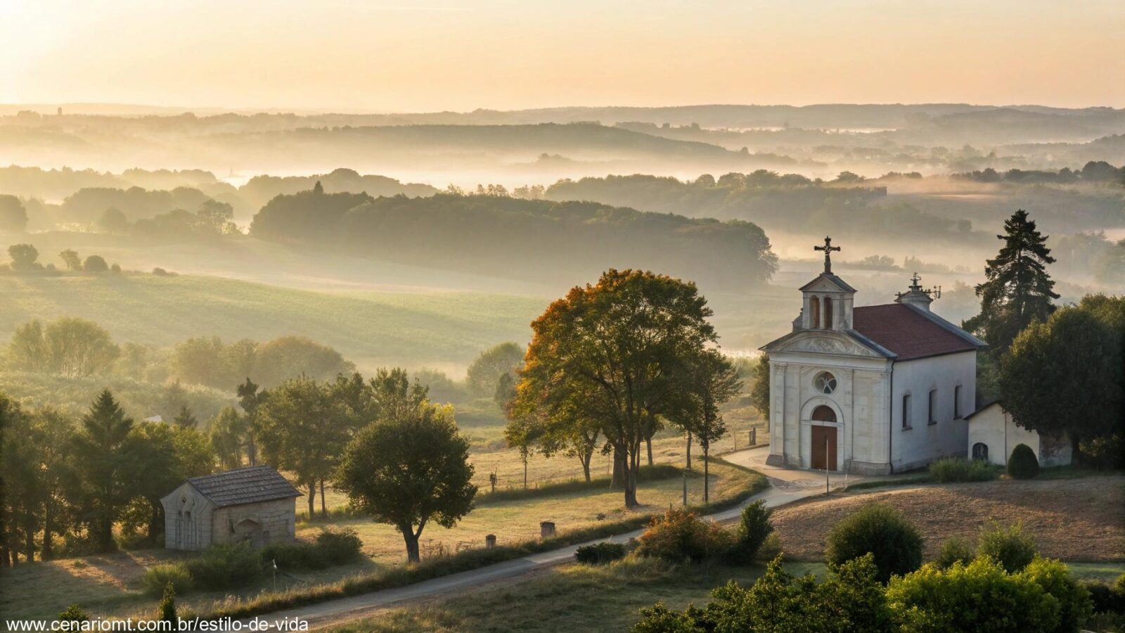 Paisagem serena com luz suave da manhã iluminando uma igreja pacífica com uma cruz, simbolizando esperança e fé, cercada pela natureza.