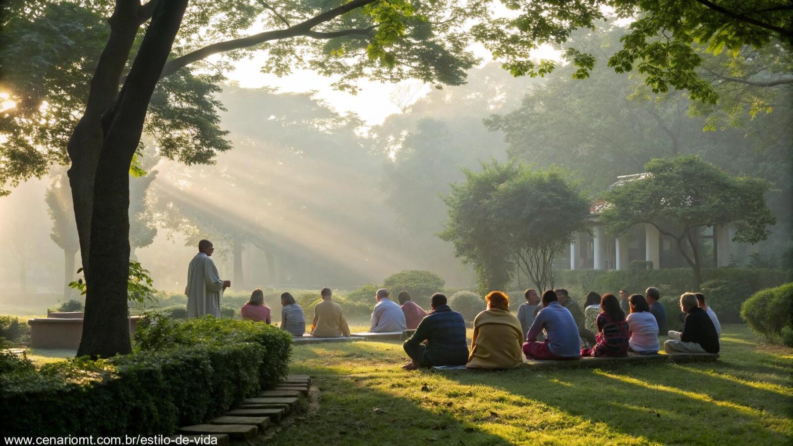 Cena tranquila de manhã com luz suave do sol filtrando através das árvores em um jardim sereno. Um grupo de pessoas de idades e origens diversas reunidas em oração, simbolizando a unidade na fé.
