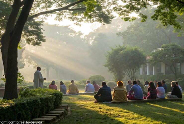 Cena tranquila de manhã com luz suave do sol filtrando através das árvores em um jardim sereno. Um grupo de pessoas de idades e origens diversas reunidas em oração, simbolizando a unidade na fé.