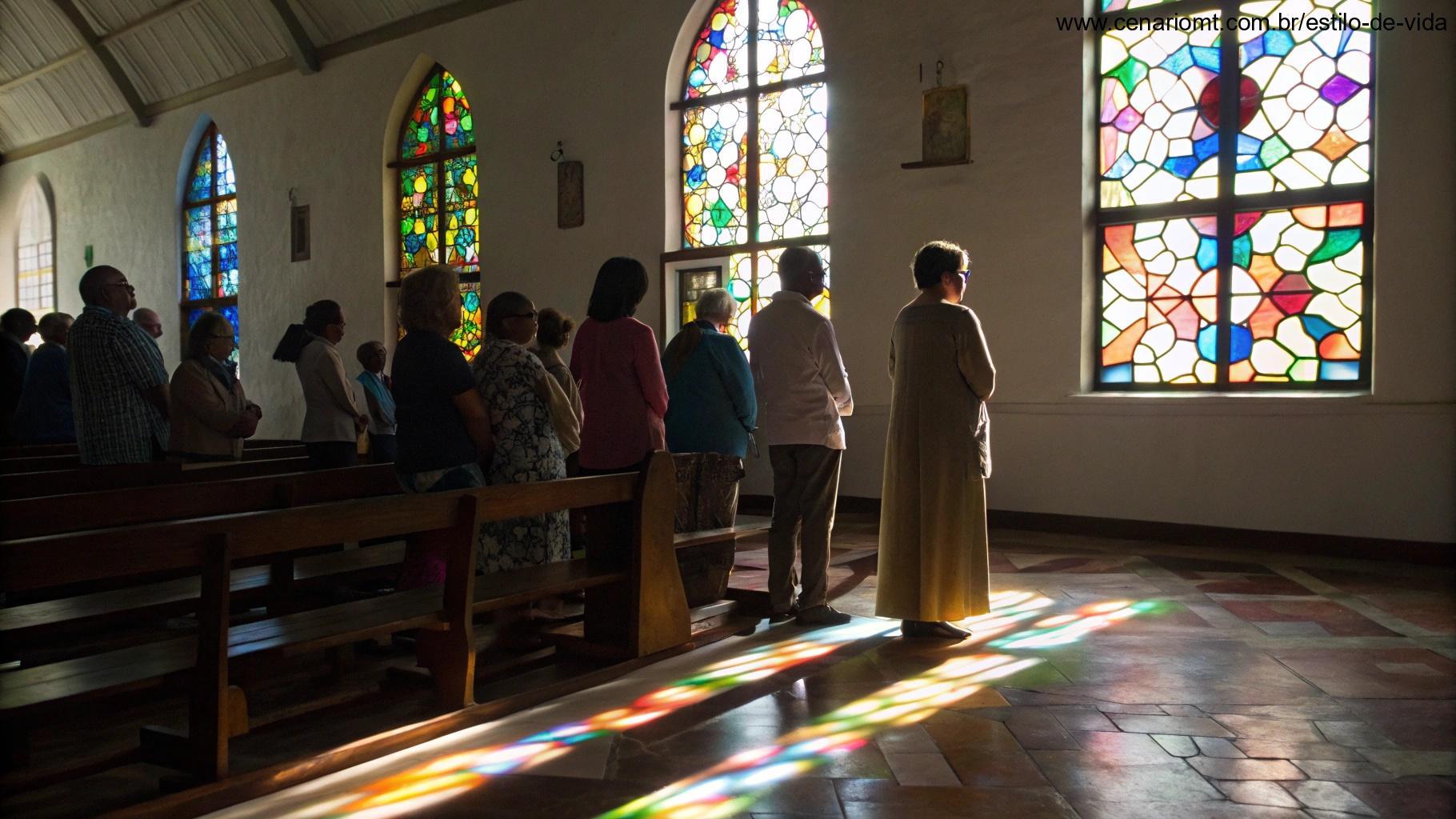 Grupo de pessoas reunidas em uma pequena igreja, de pé, em oração enquanto a luz entra pelas janelas de vitrais, criando uma atmosfera pacífica de reflexão.
