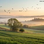Amanhecer tranquilo na quarta-feira com campos verdes e sensação de fé e esperança