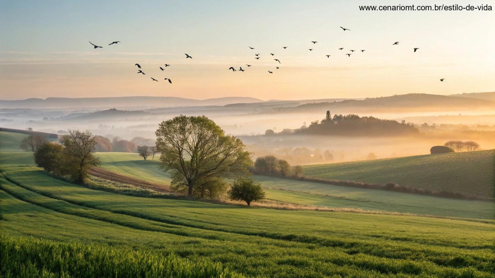 Amanhecer tranquilo na quarta-feira com campos verdes e sensação de fé e esperança