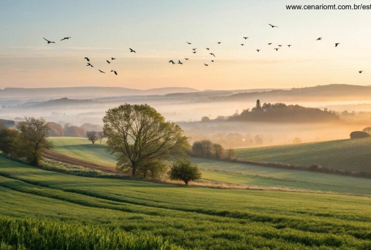 Amanhecer tranquilo na quarta-feira com campos verdes e sensação de fé e esperança
