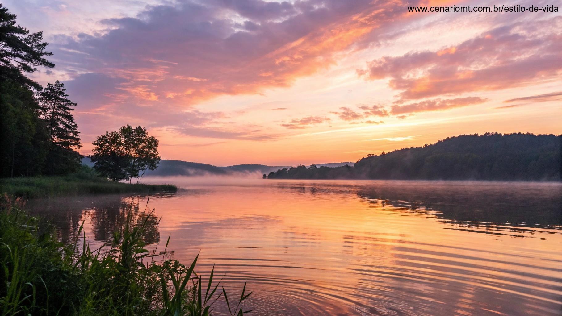 O nascer do sol sobre um lago tranquilo, com suaves ondulações na água e tons suaves de laranja, rosa e roxo no céu.