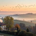 Amanhecer tranquilo no campo com pássaros voando e uma casa aconchegante, simbolizando fé e esperança nesta quarta-feira