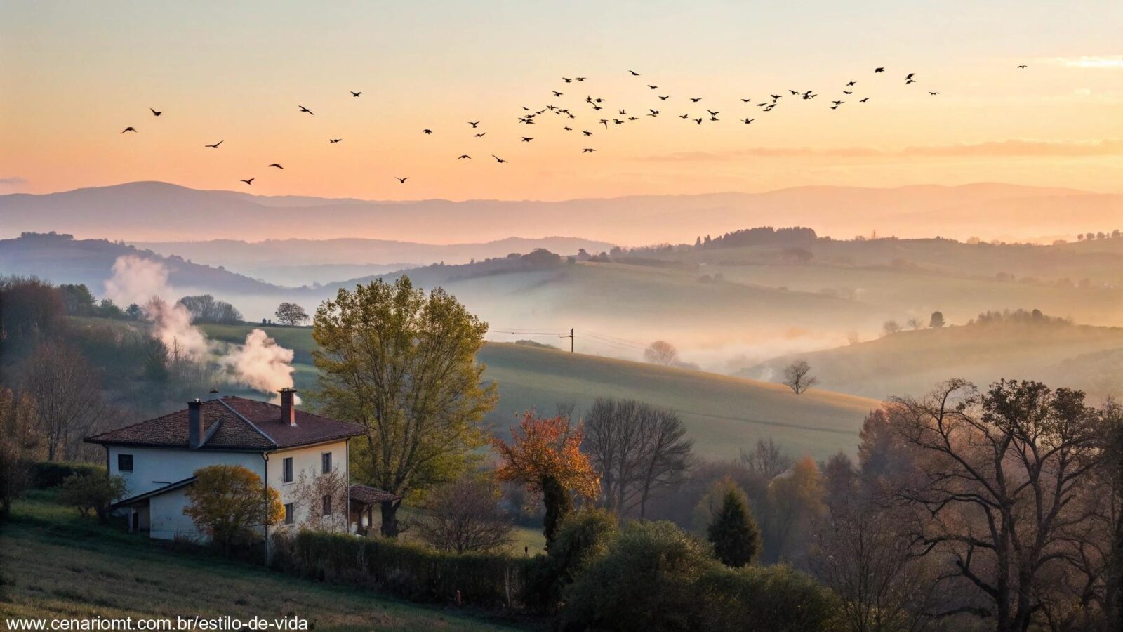 Amanhecer tranquilo no campo com pássaros voando e uma casa aconchegante, simbolizando fé e esperança nesta quarta-feira