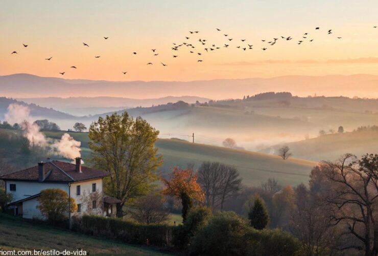 Amanhecer tranquilo no campo com pássaros voando e uma casa aconchegante, simbolizando fé e esperança nesta quarta-feira