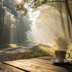 Cenário de manhã tranquila com luz do sol passando pelas árvores e uma xícara de café sobre a mesa