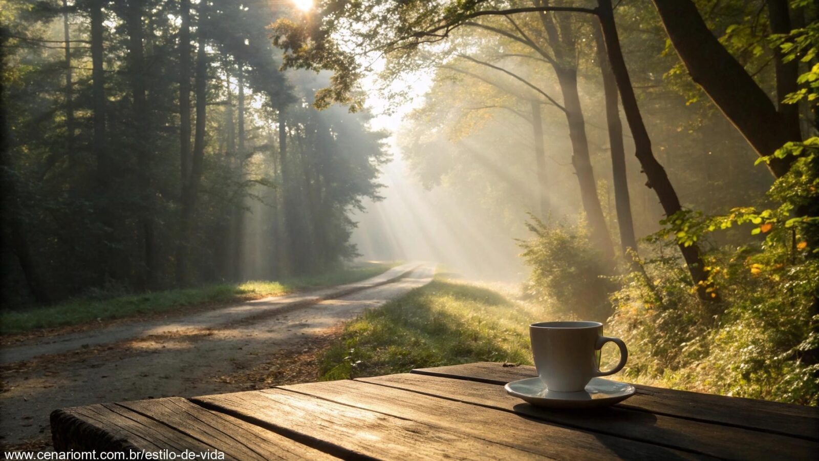 Cenário de manhã tranquila com luz do sol passando pelas árvores e uma xícara de café sobre a mesa