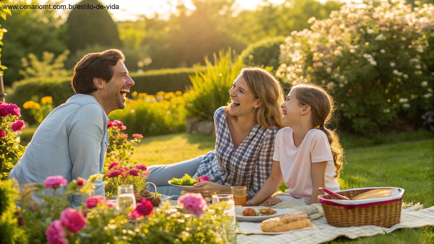 Uma família aproveitando uma tarde ensolarada no jardim, rindo e compartilhando uma refeição, rodeada por flores e folhagens, simbolizando amor e calor dentro da família.