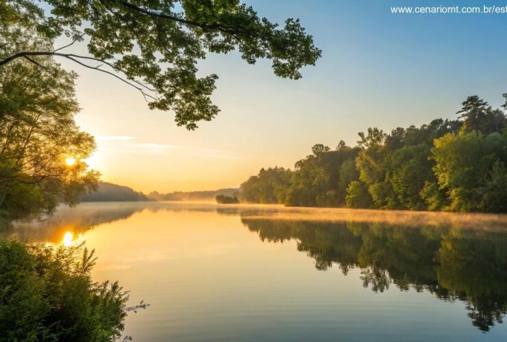 Nascer do sol tranquilo sobre um lago com reflexos dourados na água, cercado por árvores verdes e céu azul
