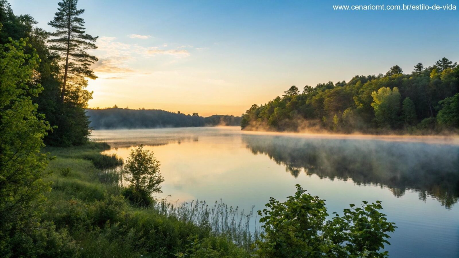 Nascer do sol tranquilo sobre um lago calmo com névoa, cercado por árvores verdes e céu azul