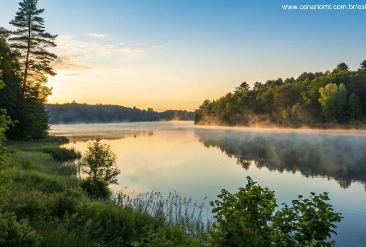 Nascer do sol tranquilo sobre um lago calmo com névoa, cercado por árvores verdes e céu azul
