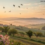 Amanhecer tranquilo no campo simbolizando fé e inspiração