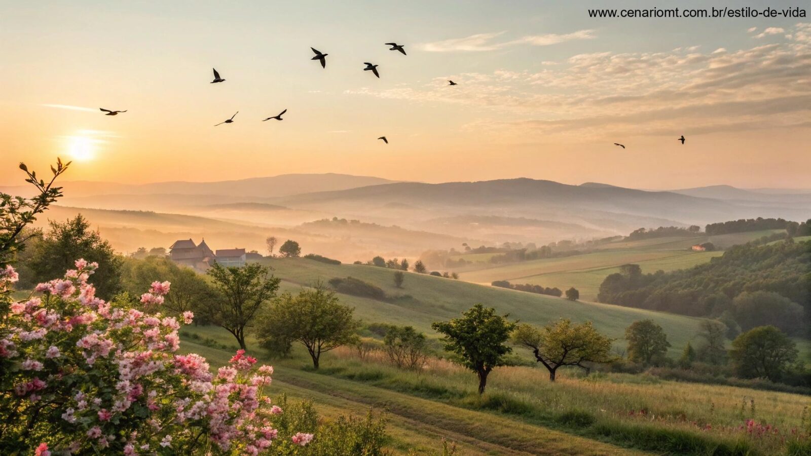 Amanhecer tranquilo no campo simbolizando fé e inspiração