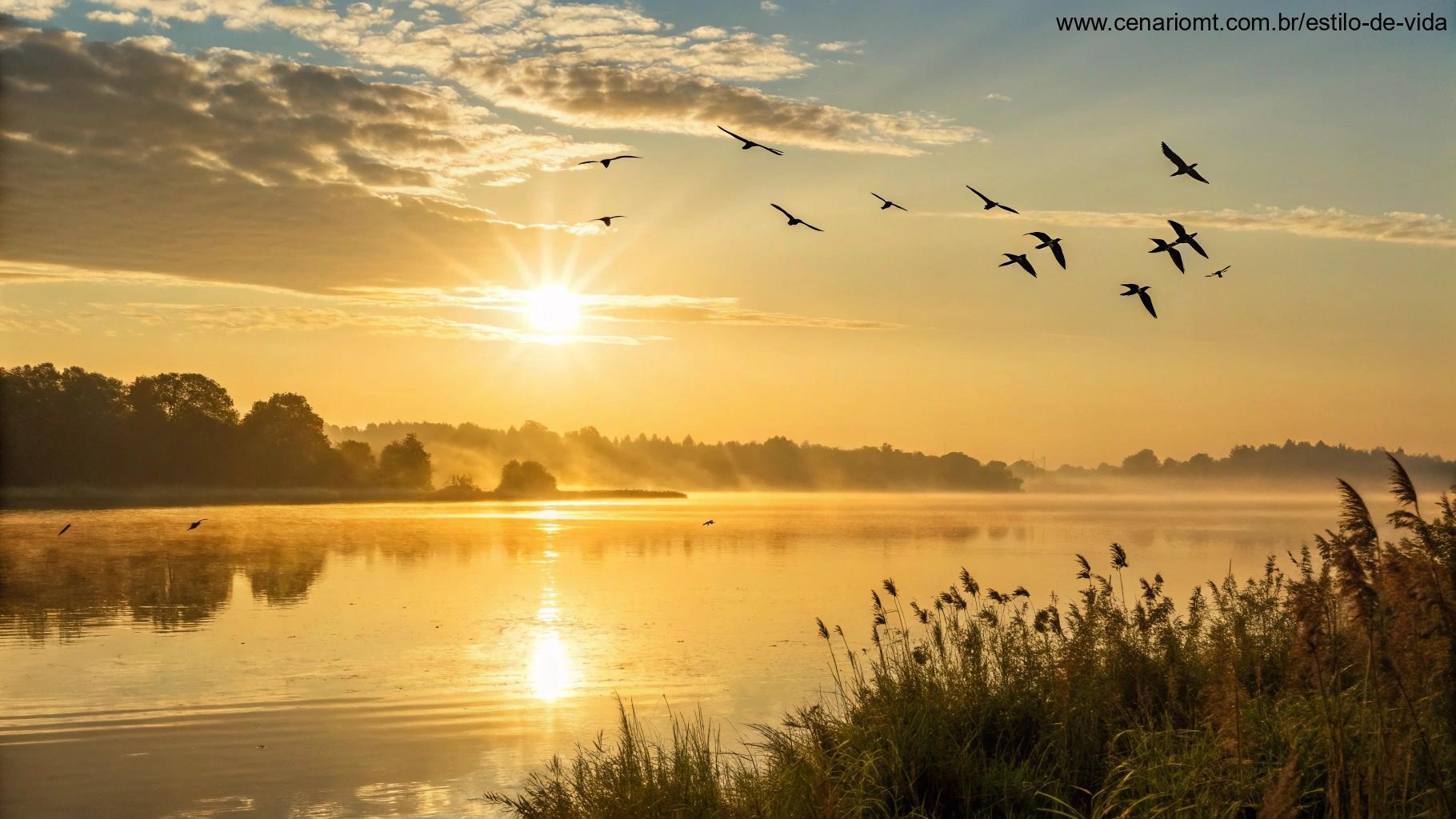 Amanhecer radiante sobre um lago calmo com aves voando, simbolizando o início de um dia positivo.