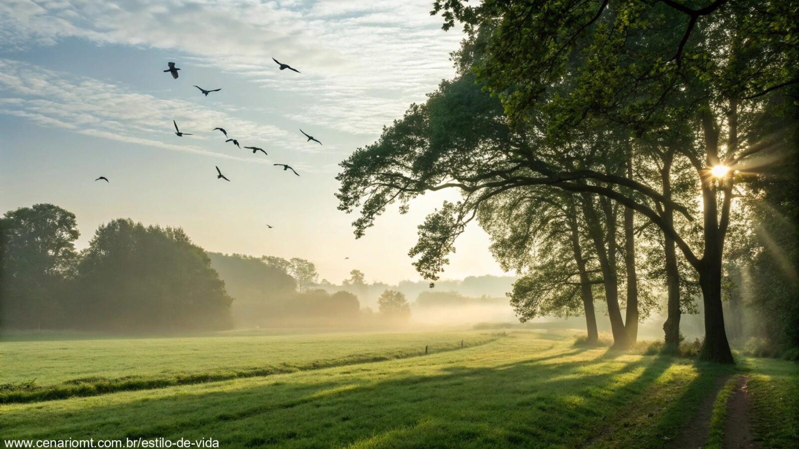 Uma cena tranquila de manhã com luz do sol filtrando através das árvores, uma paisagem calma com pássaros voando e um suave brilho da manhã sobre um campo verde, evocando paz e positividade.