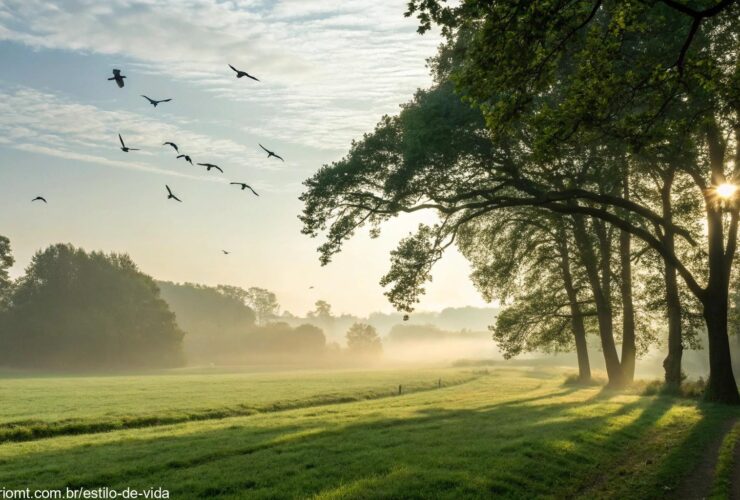 Uma cena tranquila de manhã com luz do sol filtrando através das árvores, uma paisagem calma com pássaros voando e um suave brilho da manhã sobre um campo verde, evocando paz e positividade.