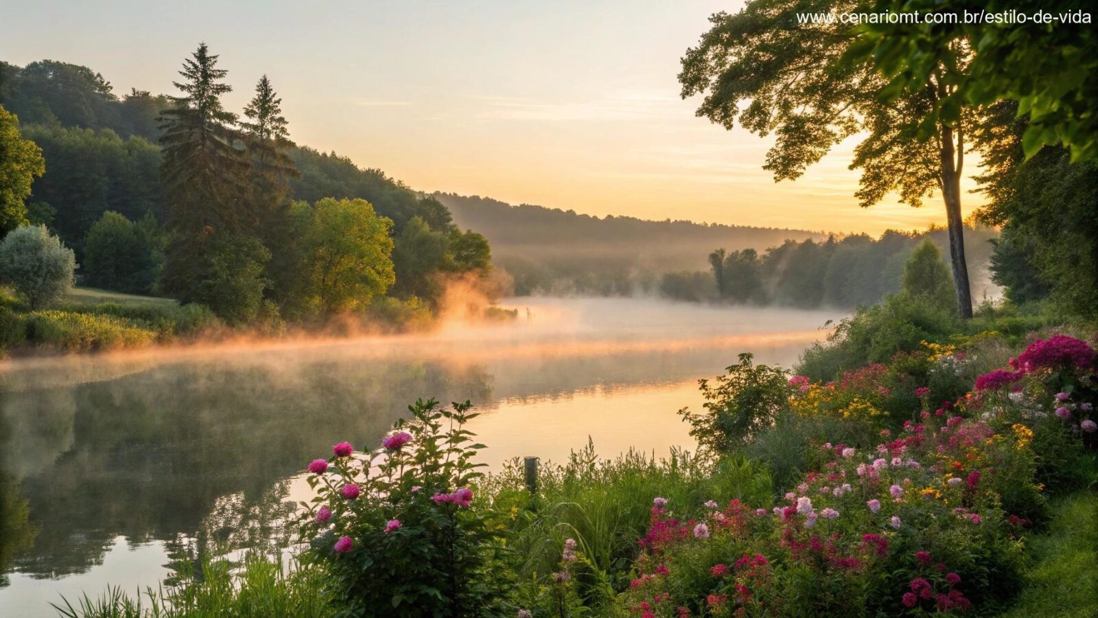 Nascer do sol tranquilo sobre um lago calmo com névoa subindo suavemente, cercado por árvores verdes e flores vibrantes