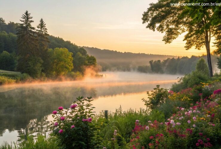 Nascer do sol tranquilo sobre um lago calmo com névoa subindo suavemente, cercado por árvores verdes e flores vibrantes
