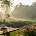 Cena tranquila de manhã com sol suave, xícara de café e flores simbolizando paz e esperança
