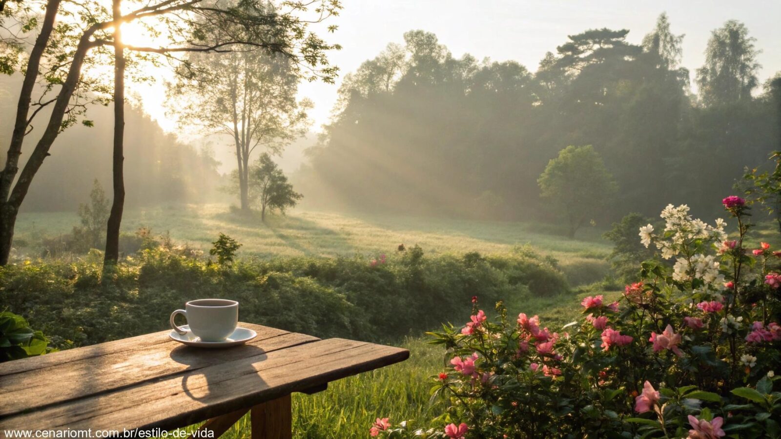 Cena tranquila de manhã com sol suave, xícara de café e flores simbolizando paz e esperança
