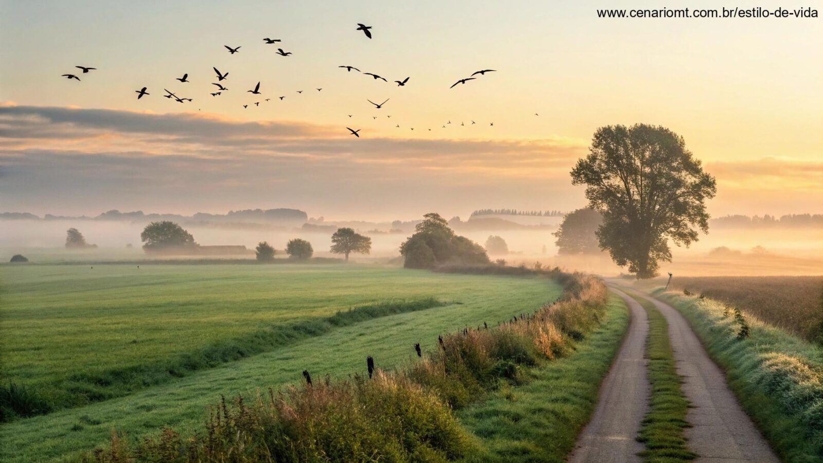 Imagem de um amanhecer calmo na zona rural com névoa e campos verdes simbolizando fé e esperança