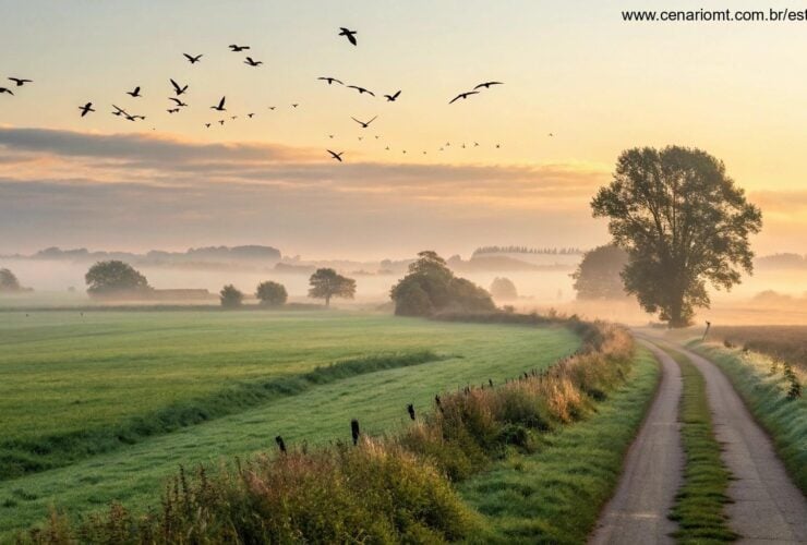 Imagem de um amanhecer calmo na zona rural com névoa e campos verdes simbolizando fé e esperança