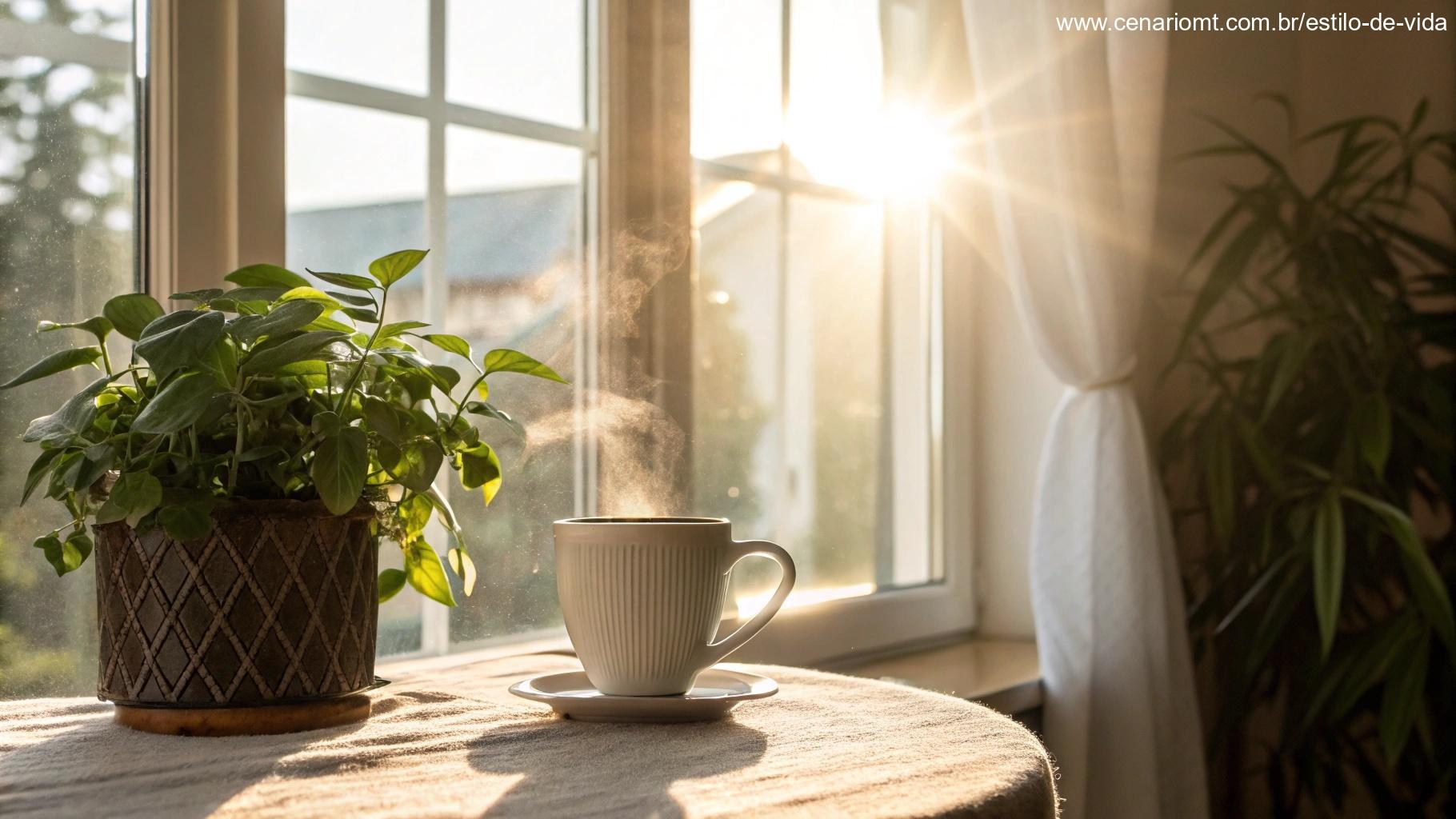 Luz da manhã entrando pela janela com xícara de café e planta verde