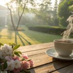 Cenário tranquilo de segunda-feira com luz do sol entre as árvores e uma xícara de café