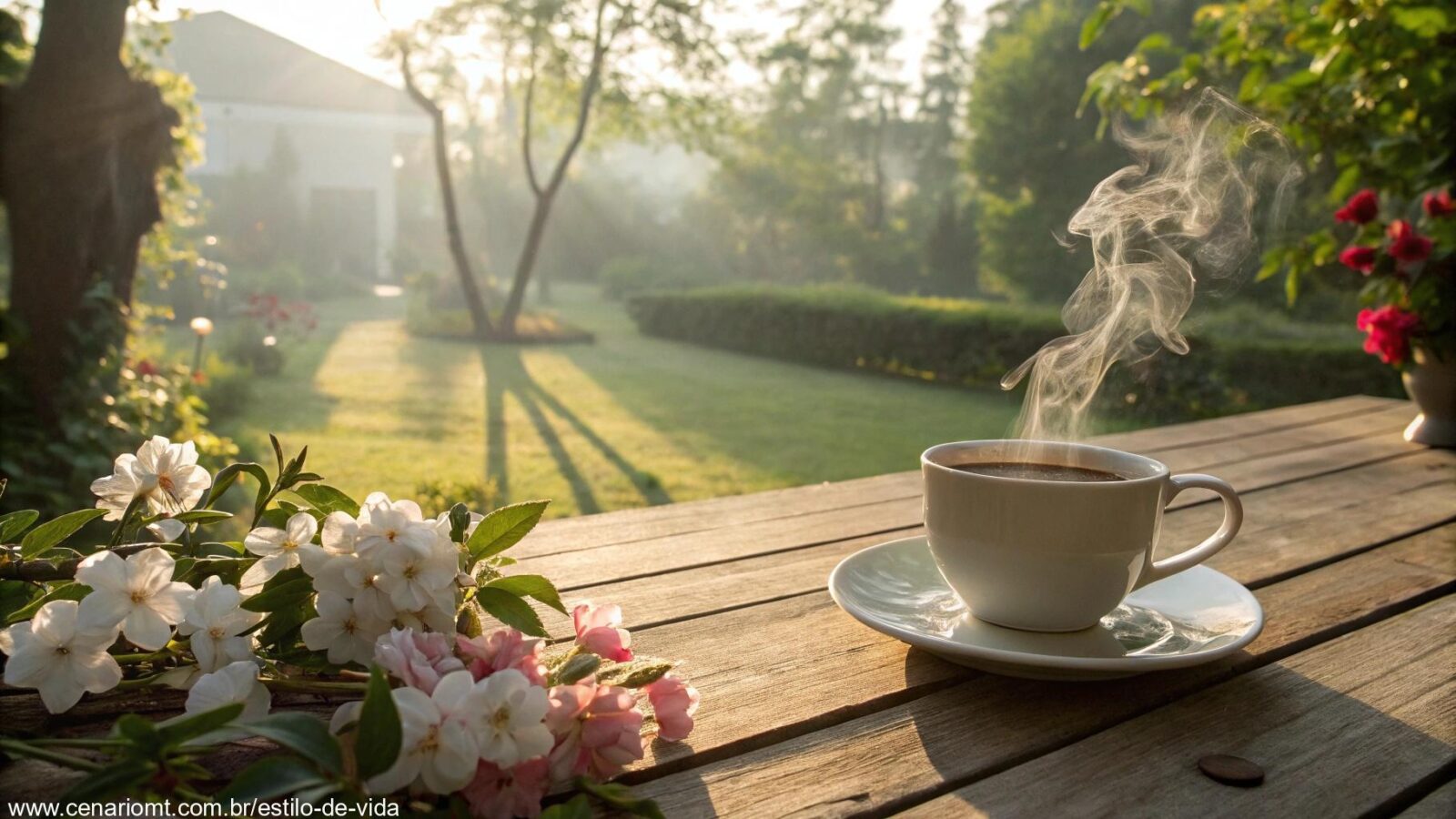 Cenário tranquilo de segunda-feira com luz do sol entre as árvores e uma xícara de café