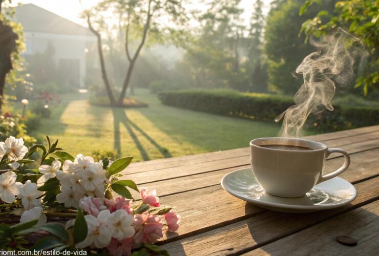 Cenário tranquilo de segunda-feira com luz do sol entre as árvores e uma xícara de café