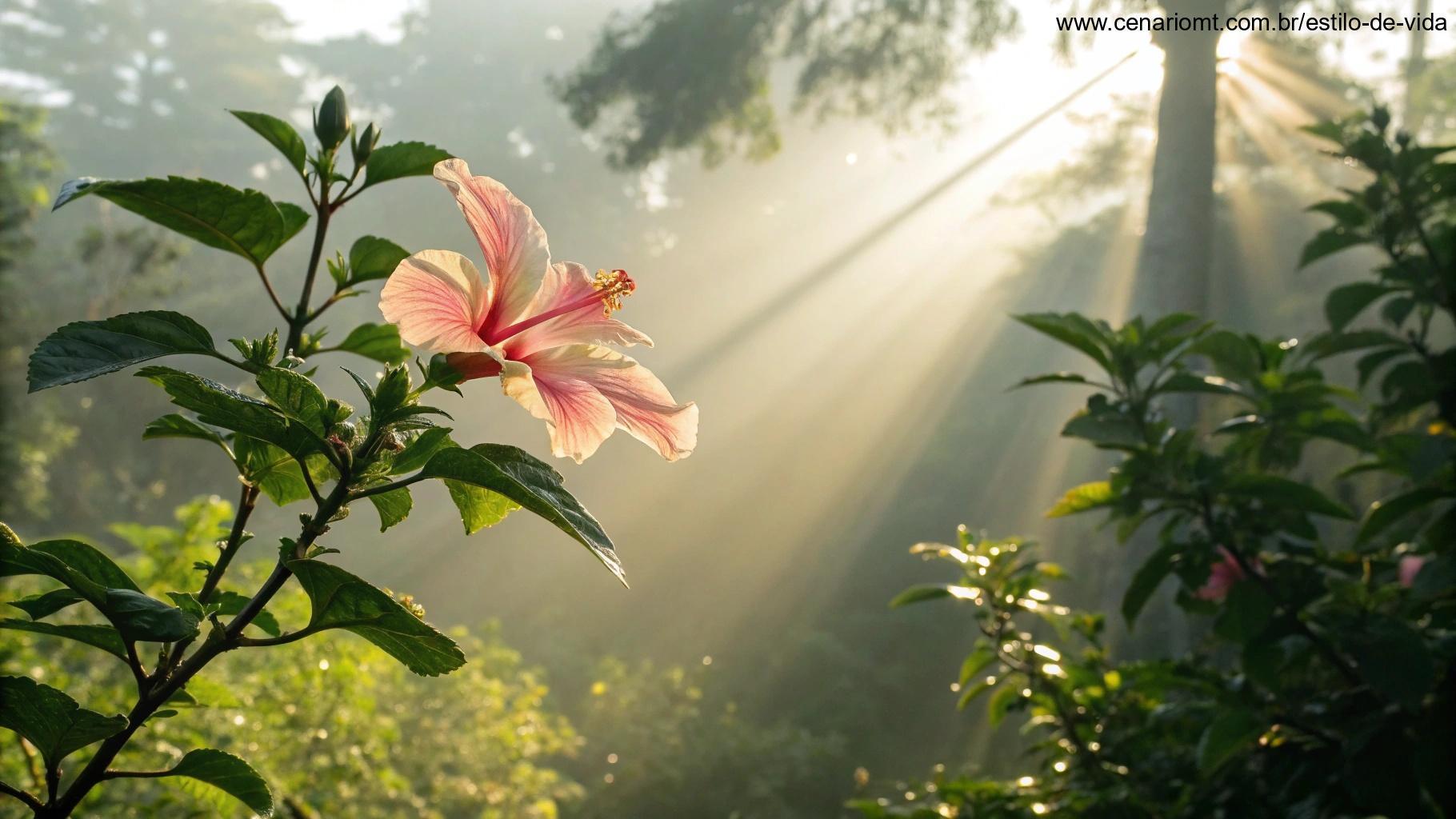 Mensagem de Bom Dia para Segunda-feira, com uma flor recém-aberta e a luz suave do sol.