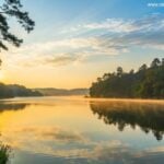 Nascer do sol sereno sobre um lago calmo com reflexos dourados, cercado por árvores verdes e um céu azul claro