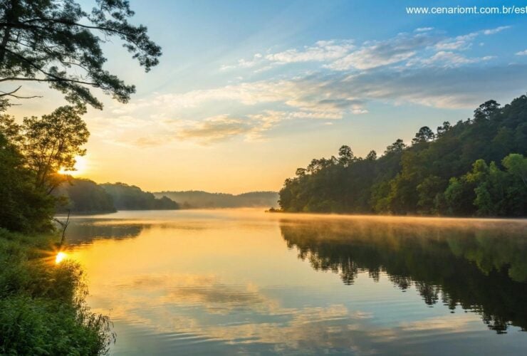 Nascer do sol sereno sobre um lago calmo com reflexos dourados, cercado por árvores verdes e um céu azul claro
